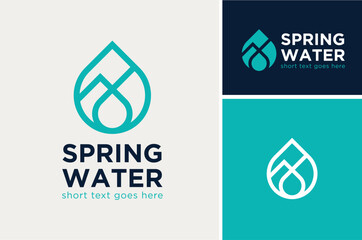 Simple Line of Nature Dew Droplet Aqua Drop and Mountain Hill Peak for Natural Drink Water Springs or Environment Ecology logo design
