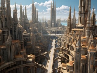 Naklejka premium A city with unusual architecture and quietness, with a lake behind the city and the sun shining on the city. Generative AI