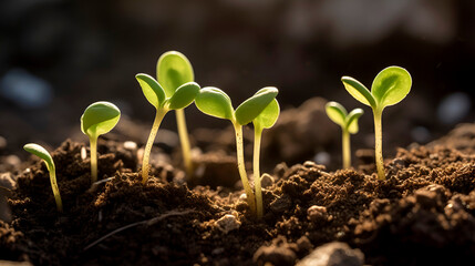 Green sprouts nature seedling soil. Agriculture industry environment spring plant growing cultivation. Sunshine close up view