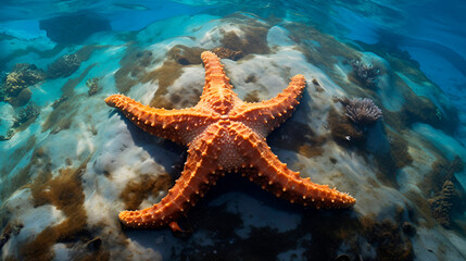 Tropical sea underwater starfish on coral reef. Aquarium oceanarium wildlife colorful marine panorama landscape nature snorkeling diving