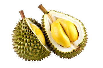 Obraz premium Durian fruit cut in half and leaves isolated on white background PNG