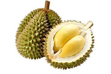 Fototapeta premium Durian fruit cut in half and leaves isolated on white background PNG