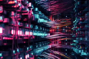 Computer data cables with raspberries and blue neon light. AI generated