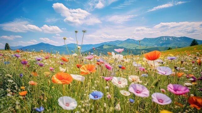 A lot of colorful poppy in the field, mountainous vistas, and a bright blue sky in the background. Generative AI
