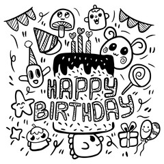 hand drawn illustration doodles, birthday doodles, gift doodles, birthday wishes, happy doodles, cute, stars, cake, candy, vector illustration