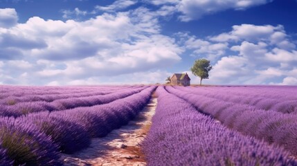 Naklejka premium A vast and serene lavender field stretching out into the distance, a small house and a tree in the flower field, with a bright sky in the background. Generative AI