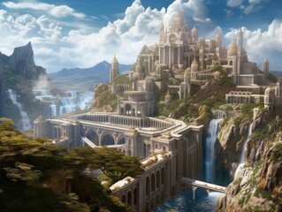 A beautiful palace with a waterfall around it, bright sky in the background, in the style of mythology-inspired architecture. Generative AI