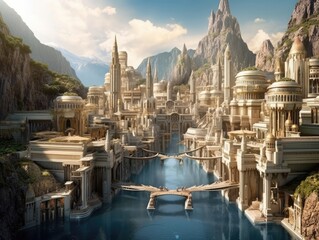 Naklejka premium A beautiful city with a river in the middle of it, sunlight shining all around, in the style of mythology-inspired architecture. Generative AI