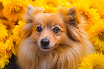 Pomeranian dog sitting in sunflower field. Generative AI illustration