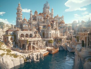 A fairy tale fantasy town is in the middle of water a bridge connects the city, and sunlight shines on the city. Generative AI