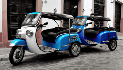 Naklejka na ściany i meble Blue and white motorcycle taxi,car on the street