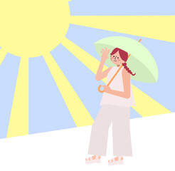 夏の日差しが強い日に日傘をさす女性のイラスト