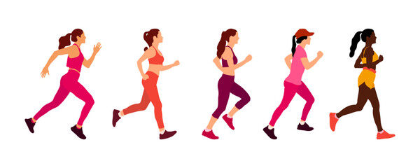 Set of running womans vector flat illustration.