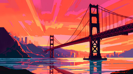 Illustration of a beautiful view of the Golden Gate Bridge, USA - obrazy, fototapety, plakaty