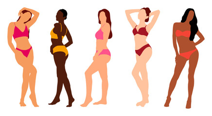 Set of slim woman in bikini. Fashion women in swimsuit or bikini flat vector illustration. 