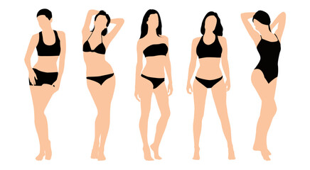 Set of slim woman in bikini. Fashion women in swimsuit or bikini flat vector illustration.  - obrazy, fototapety, plakaty