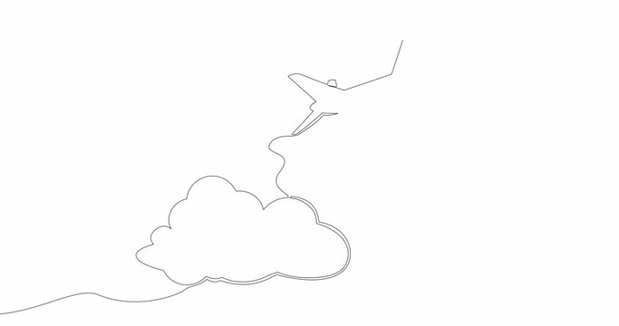 Self drawing line animation flying passenger plane and cloud continuous one single line drawn concept video