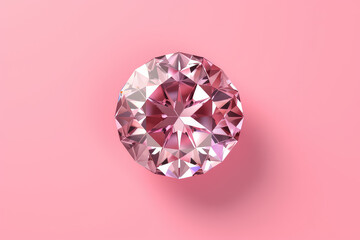 Overhead view of one beautiful brilliant gemstone with facets isolated on a flat pink background with copy space. Minimal creative concept. Generative AI 3d render illustration imitation. - obrazy, fototapety, plakaty