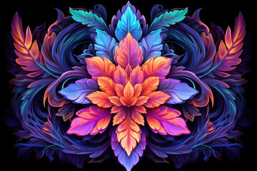 Abstract flower art in psychedelic colors on a black background.  Generative AI.