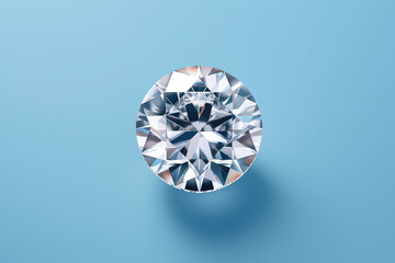 Top view of one beautiful brilliant gemstone with facets isolated on a flat pastel blue background with copy space. Minimal creative concept. Generative AI 3d render illustration imitation. - obrazy, fototapety, plakaty