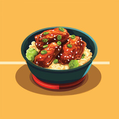 Japanese Teriyaki rice bowl, flat vector