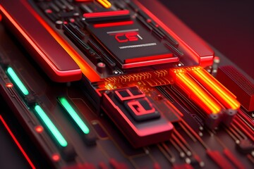 Close-up of a motherboard with CPU, RAM, graphics card, LED lights in red-ish futuristic colors
