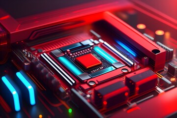 Obraz premium Close-up of a motherboard with CPU, RAM, graphics card, LED lights in red-ish futuristic colors