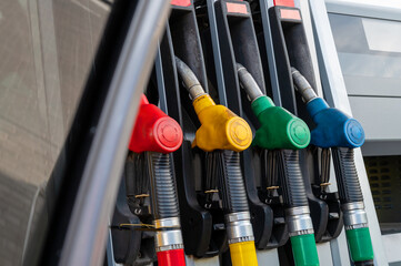 Fuel dispenser close up. Detail of a petrol pump in a petrol station.