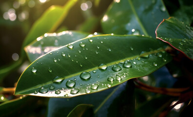 This ai-generated image shows the branches and leaves of an Indian rubber tree and air-purifying tree with morning light and a bokeh background.