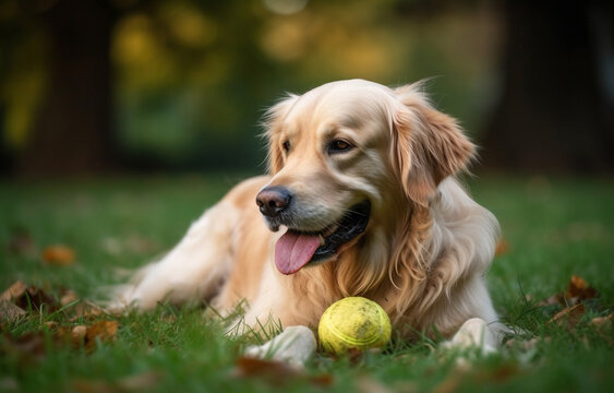 Golden retriever happily sitting with a ball in the grass This image is created by AI.