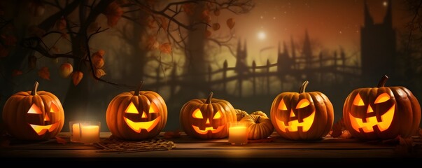 halloween pumpkins in the night, dark background, Generative AI