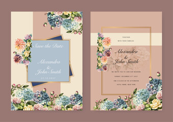Blue pink hydrangea floral flower vector beautiful gold flowers line art on wedding card template watercolor