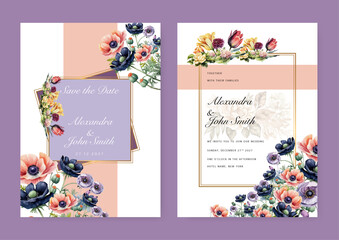 White blue pink hydrangea poppy floral flower elegant wedding invitation watercolor