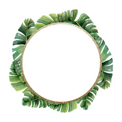 Green tropical palm leaves gold round frame wreath watercolor illustration isolated on white background for labels, thank you stickers, sale coupons or summer wedding invitation
