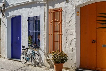 A Mediterranean village street with white facades and a parked bike.