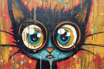 cat painting with big eyes dreamlike background with cat Hand Drawn Style illustration  Generative AI