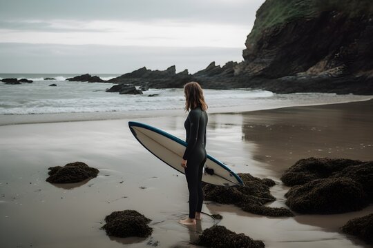 Girl Standing On Beach With Surfboard Ai generative art