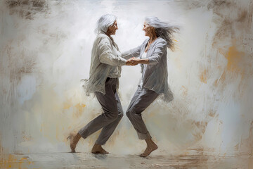 Generative AI illustration of lesbian old women couple dancing