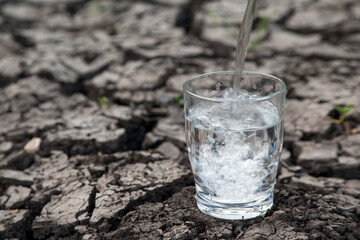 Water is being poured into a drinking glass placed on parched ground. It illustrating the...