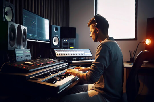 Generative AI electronic music studio illustration with concentrated musician playing piano