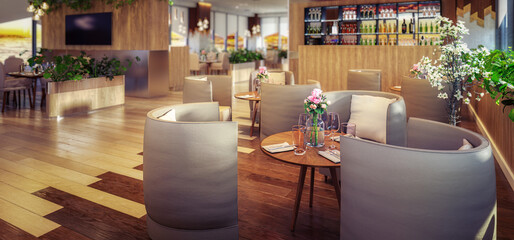 Interior of elegant, modern Restaurant with a Bar Area - panoramic 3D Visualization