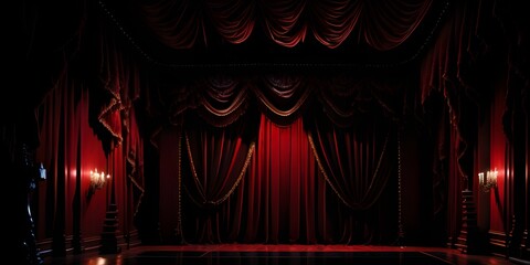 Theater stage with red curtains and spotlights. Curtains Unveiling the Drama: A Captivating Theatrical Experience. Generative AI