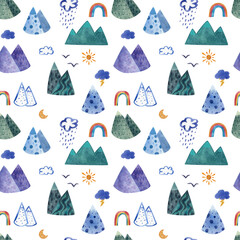 Mountains and clouds. Seamless pattern, watercolor illustration