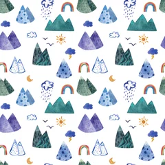 Fototapete Berge Mountains and clouds. Seamless pattern, watercolor illustration