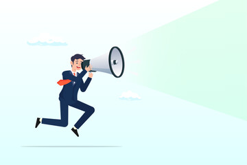 Businessman boss shouting on megaphone or loudspeaker, announcement or storytelling, communication skill or shouting out loud, sending message or attention warning, speak or boss aggression (Vector)