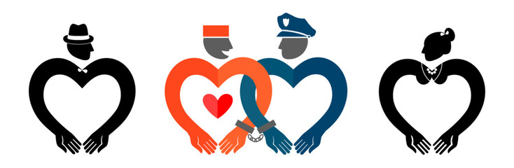 Set of vector icons of a Lady, a Gentleman, a Policeman and a prisoner. Vector icons of people in the shape of a heart.