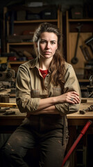 Obraz premium Carpenter woman portrait. Created with generative Ai technology.