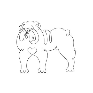 Dog of the English Bulldog breed. A continuous line. Dog Line Drawing