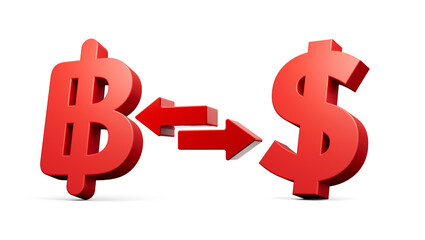 3d Red Baht And Dollar Symbol Icons With Money Exchange Arrows On White Background 3d illustration