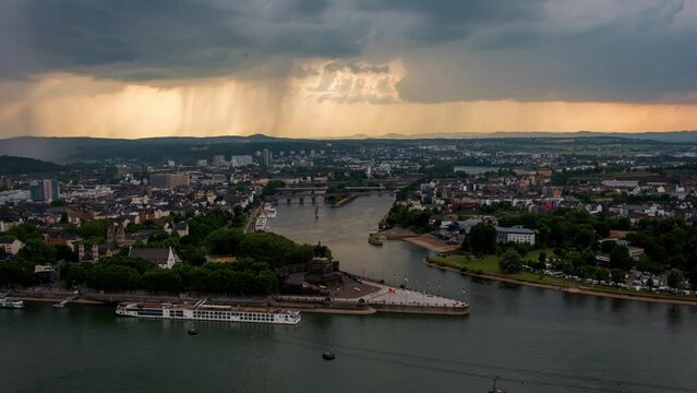 Dramatic Sunset Timelapse and Aerial View of Historic Koblenz and Deutsches Eck at Sunset in Germany